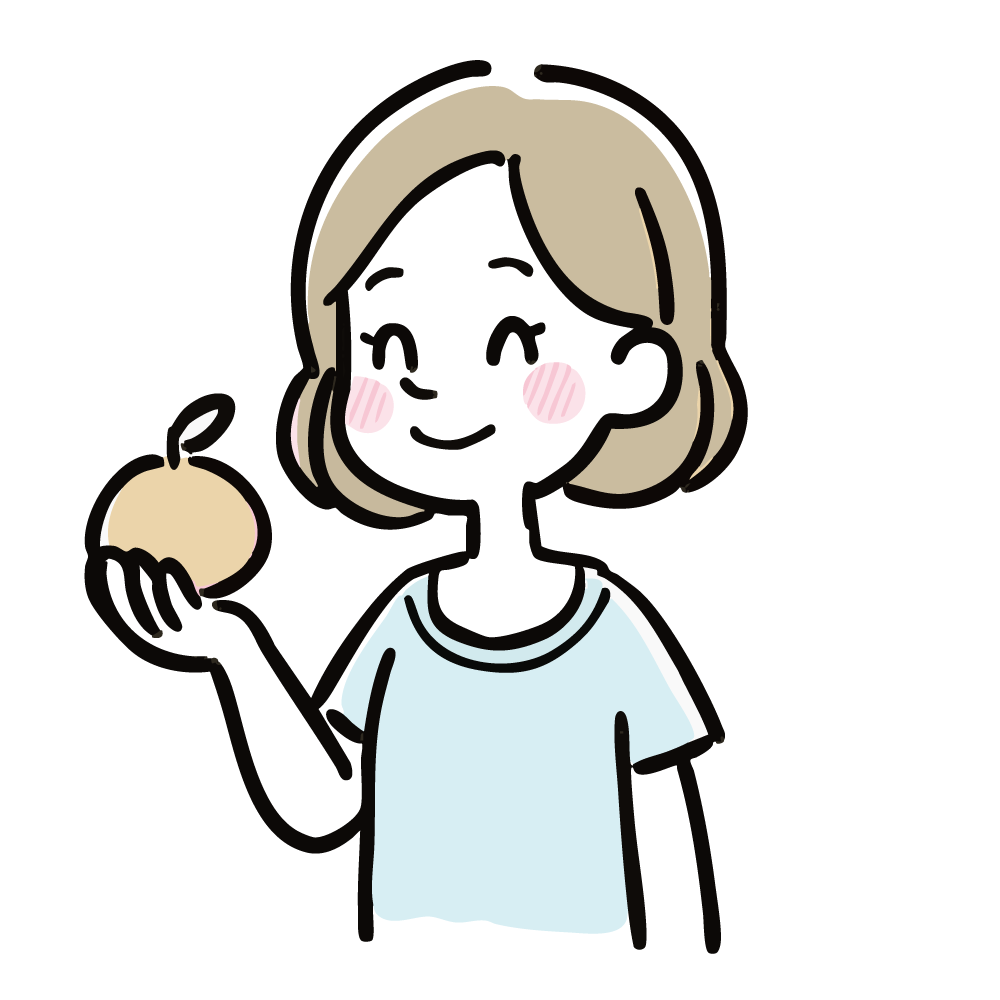 笑顔でりんご(果物)を持つ女性のイラスト。