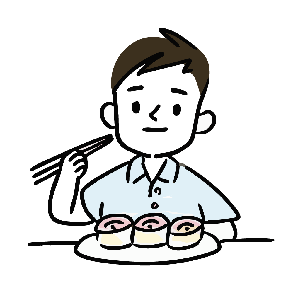 箸でお寿司を食べる男性のイラスト。