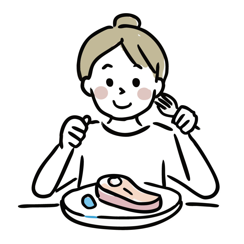 ナイフとフォークでステーキを食べる女性のイラスト。