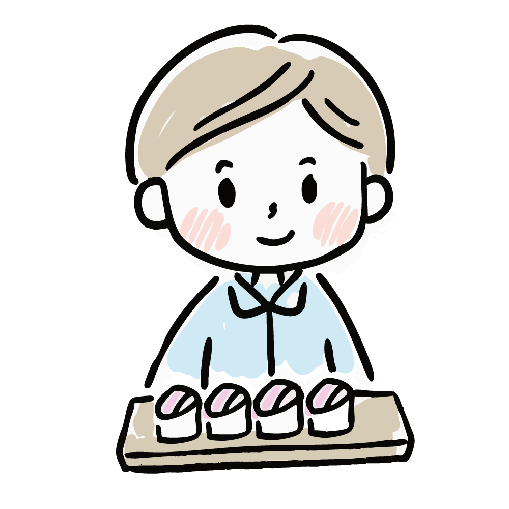 お寿司を前にした男の子のイラスト。