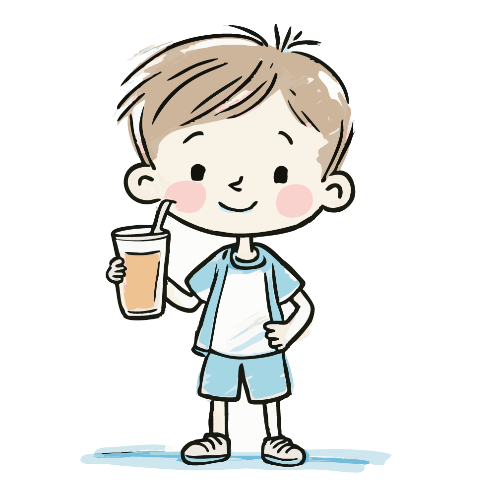 ストローでジュースを飲む男の子のイラスト。