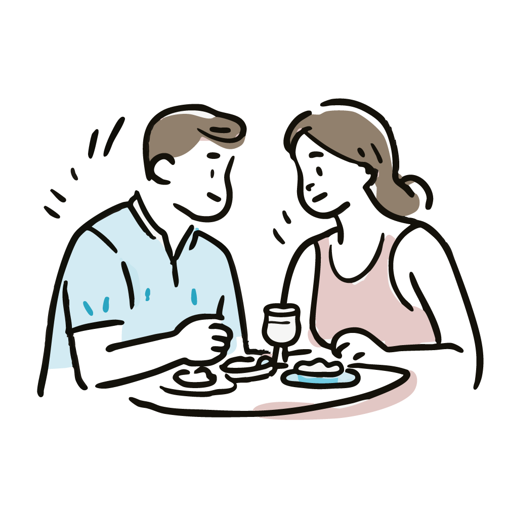 レストランで食事をするカップルのイラスト。