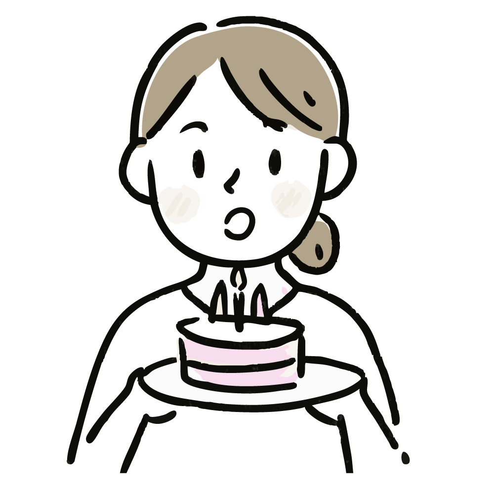 ろうそくが灯った誕生日ケーキを運ぶ女性のイラスト。