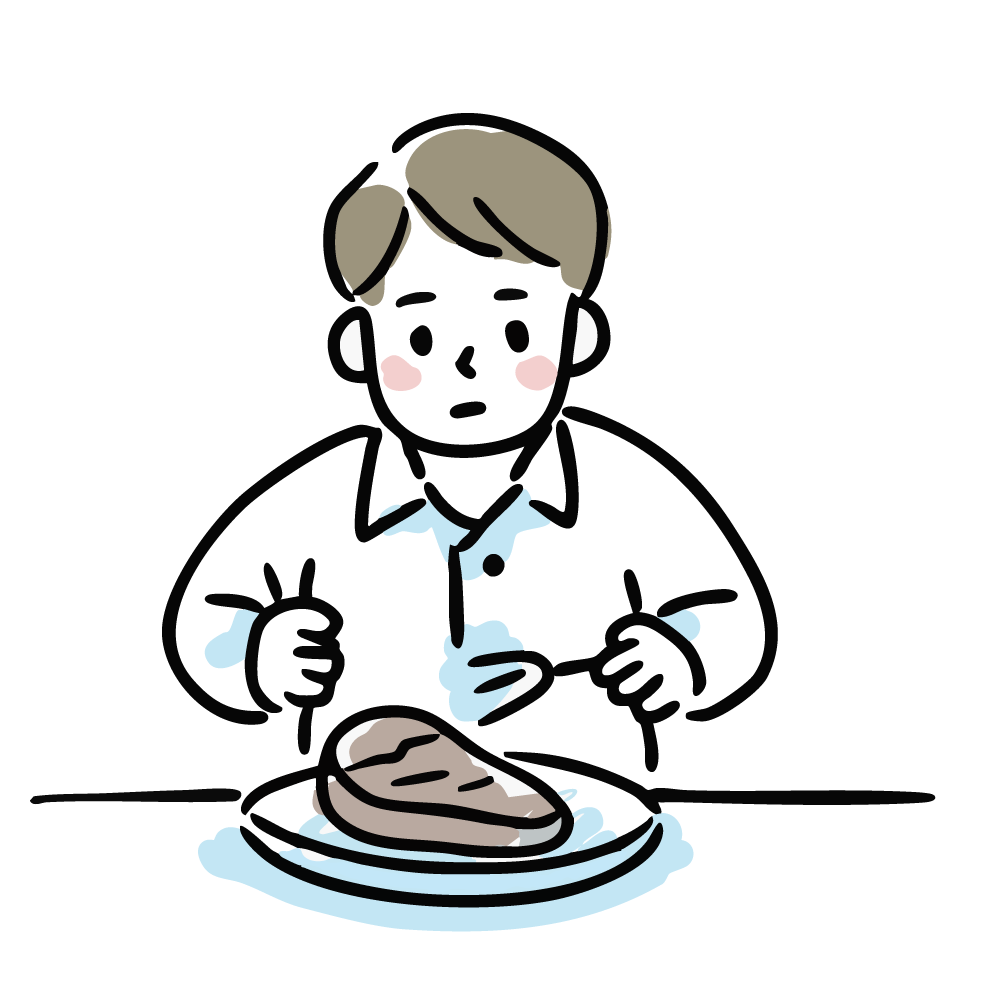 ナイフとフォークでステーキを食べる男性のイラスト。