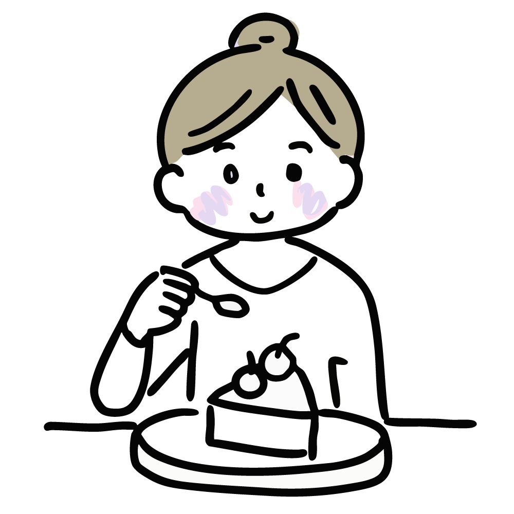 フォークでケーキを食べる女性のイラスト。