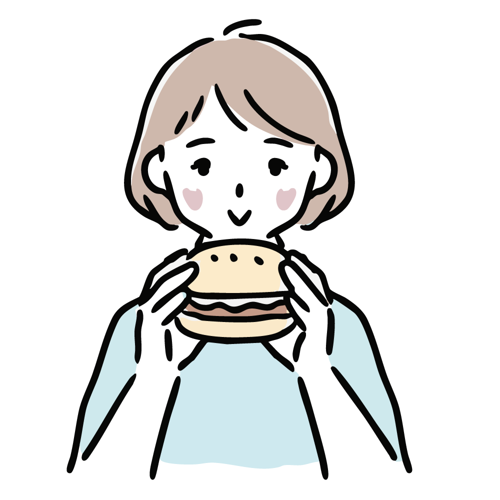 ハンバーガーを食べる女性のイラスト