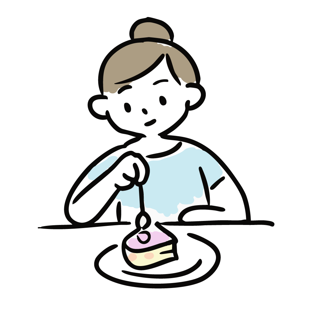 フォークでケーキを食べる女性のイラスト