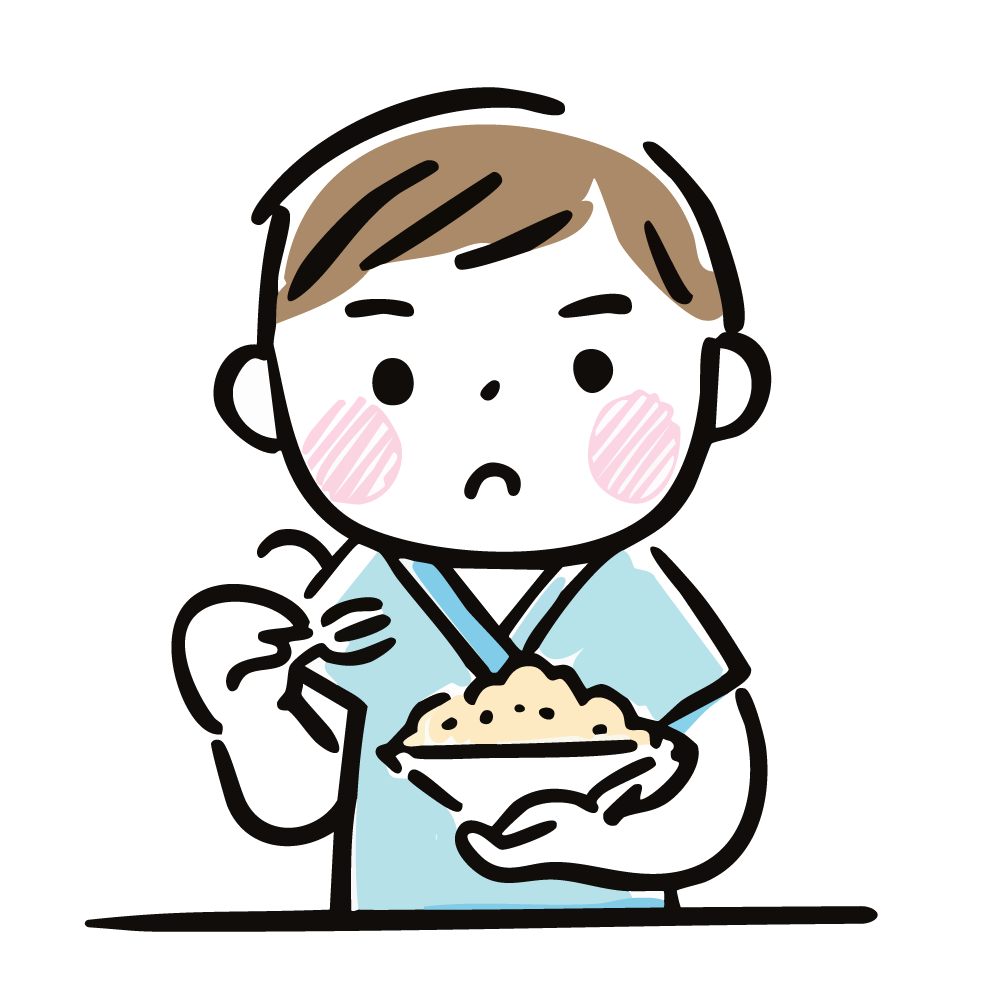 フォークとスプーンでご飯を食べる男の子のイラスト
