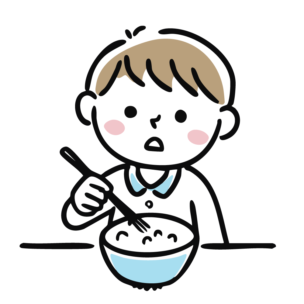 フォークとスプーンでご飯を食べる幼児の男の子のイラスト