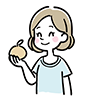 笑顔でりんご（果物）を持つ女性のイラスト。