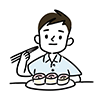 箸でお寿司を食べる男性のイラスト。
