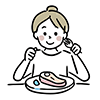 ナイフとフォークでステーキを食べる女性のイラスト。