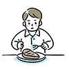 ナイフとフォークでステーキを食べる男性のイラスト。