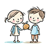 りんごを分け合う男の子と女の子のイラスト