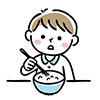 フォークとスプーンでご飯を食べる幼児の男の子のイラスト