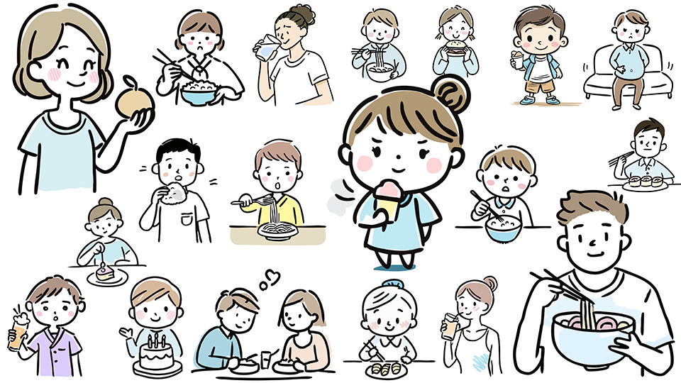 美味しそうに食事をする子ども、大人、家族のイラスト、食べ物、フード、無料イラスト素材