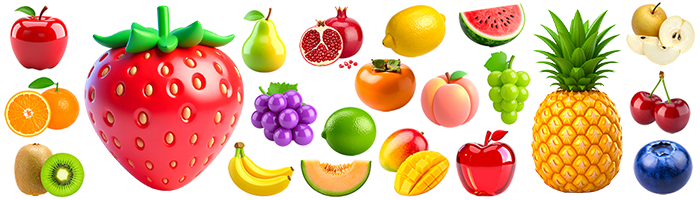 A collection of colorful, high-quality fruit illustrations. Includes apples, strawberries, bananas, oranges, grapes, watermelon, pineapple, lemon, peach, kiwi, melon, pomegranate, persimmon, lime, cherries, and blueberries.